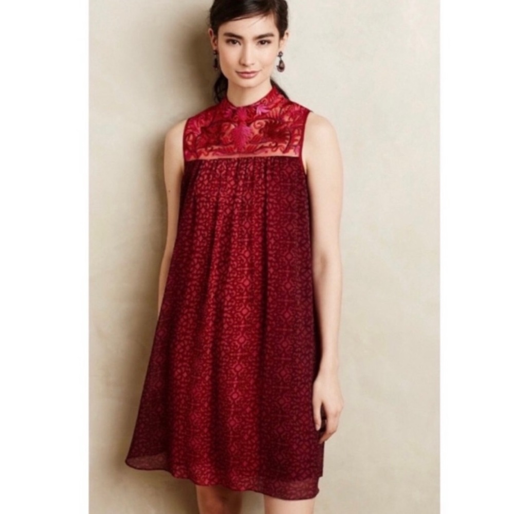 Anthropologie embroidered red dress